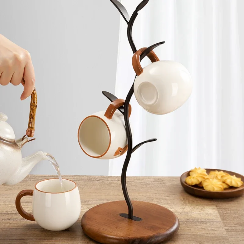 Iron Wood Tree-Shaped Cup Rack Anti-Tilt Rust-Resistant Coffee Cup Organizer for Dining Table