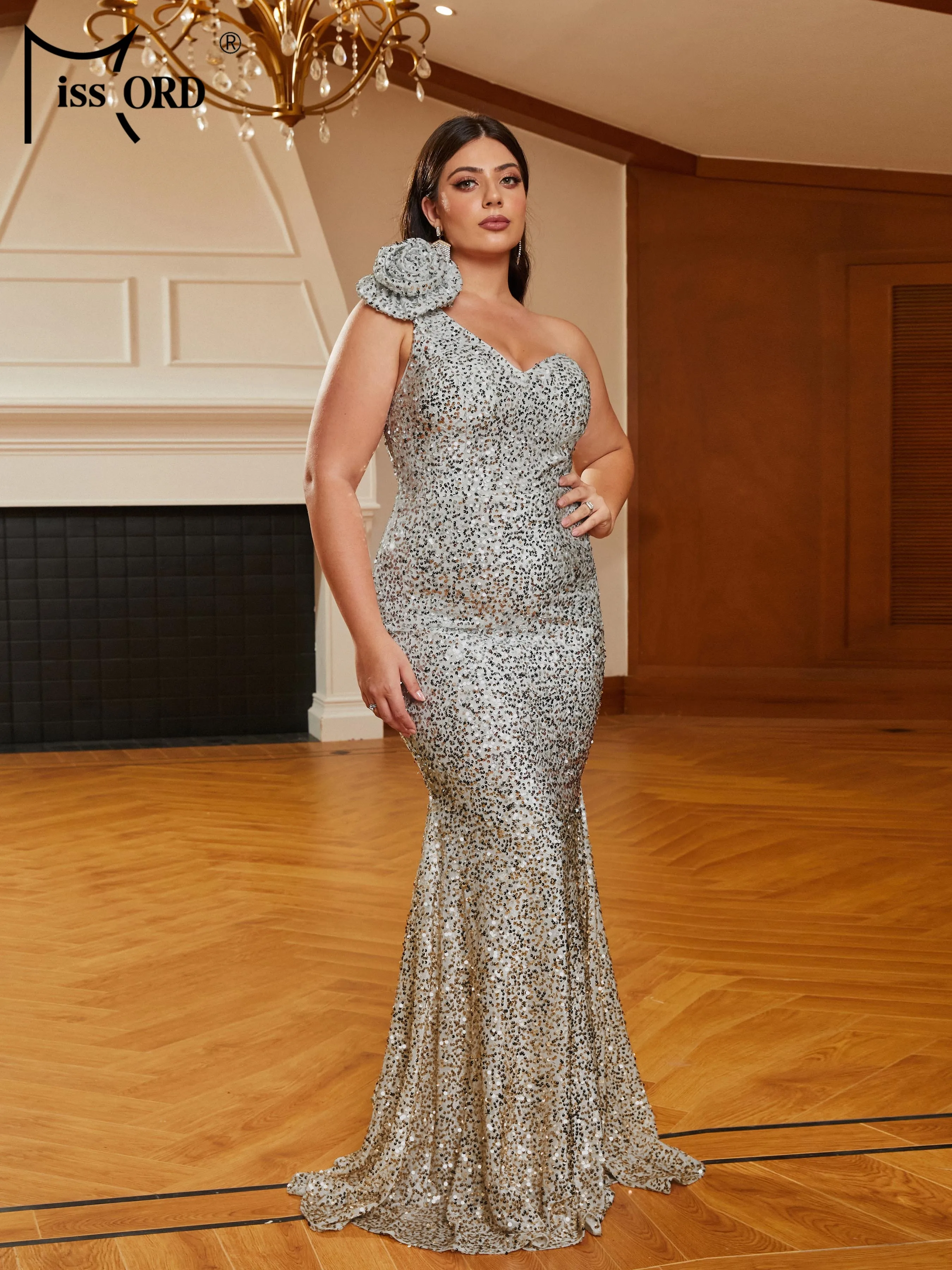 Missord Women Sequin Plus Size Evening Dress Elegant One Shoulder Sleeveless Appliques Bodcyon Maxi Mermaid Party Prom Dresses