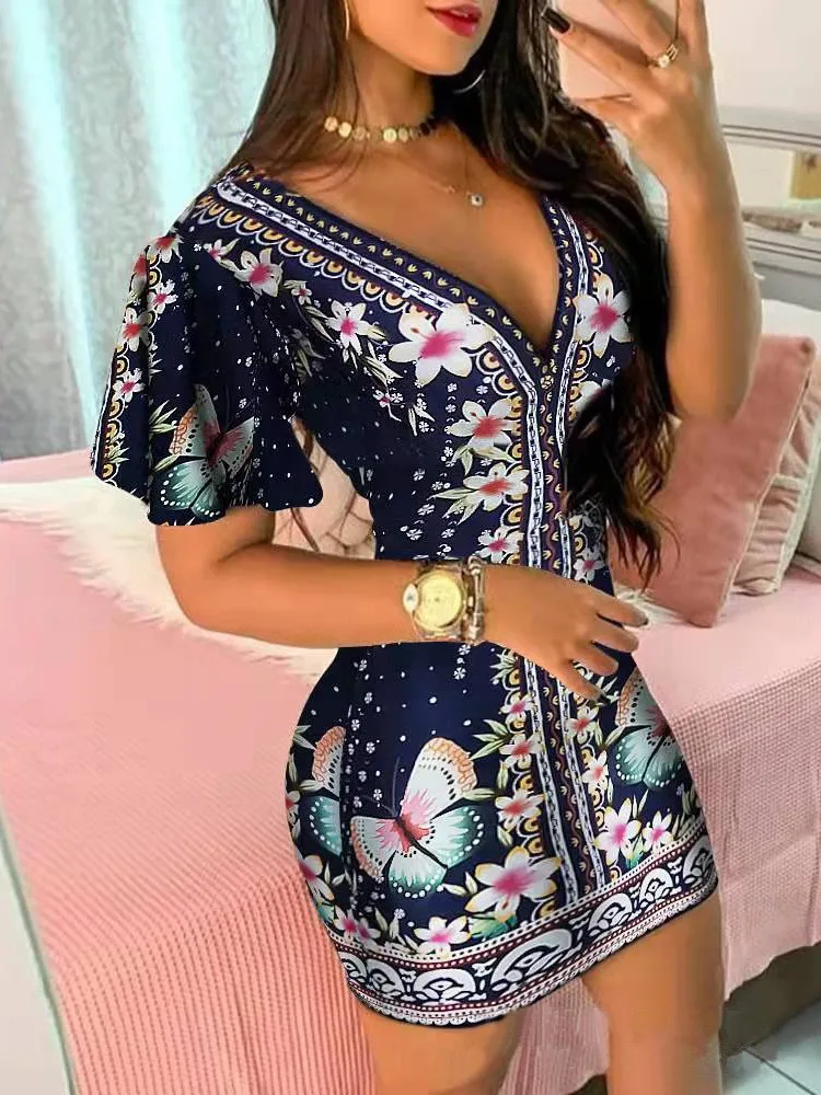 Sommer Elegante Blumen Druck Bodycon Mini Kleid Frauen 2024 Mode Sexy Tiefem V-ausschnitt Paket Hüfte Kleid Büro Dame Party Kleid