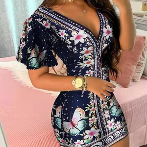 Verão elegante floral impressão bodycon mini vestido feminino 2024 moda sexy profundo decote em v pacote hip dresess escritório senhora vestido de festa 12 principais vendas vestidos curto festa tubinho - №5