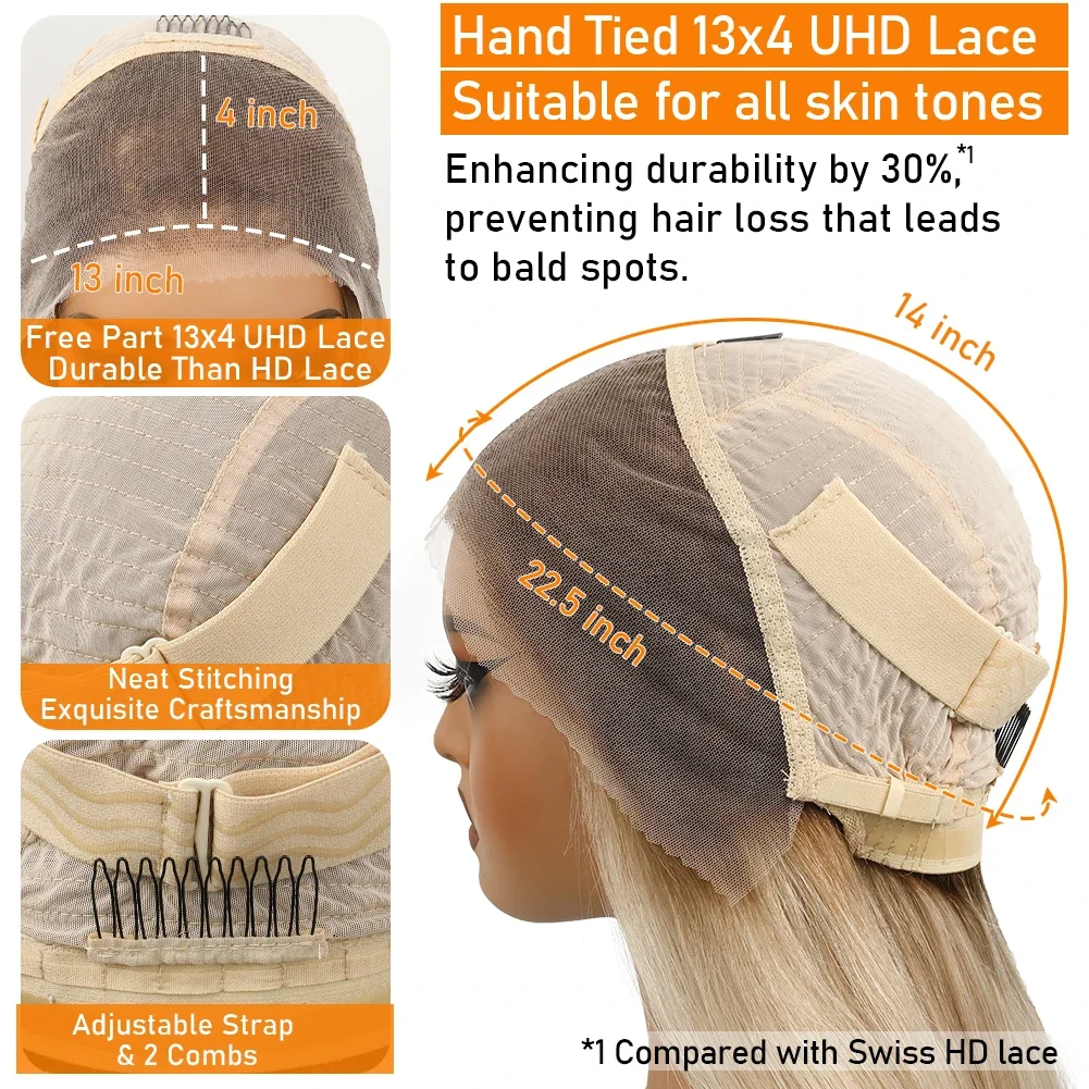 Peruca Curta Ombre Loiro Cinza Sem Cola com Renda Frontal UHD Transparente, Cabelo Humano Remy para Mulheres, Pré-arrancada