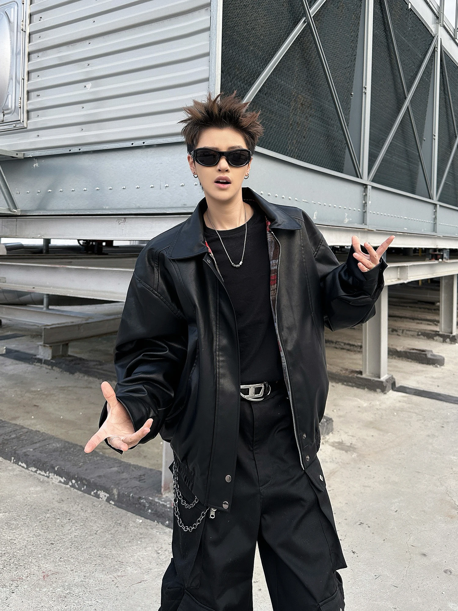 

Double-Sided Wear PU Leather Jaet American Retro Casual Loose Motorcycle Clothes Outerwear for Men And Women Autumn High St...