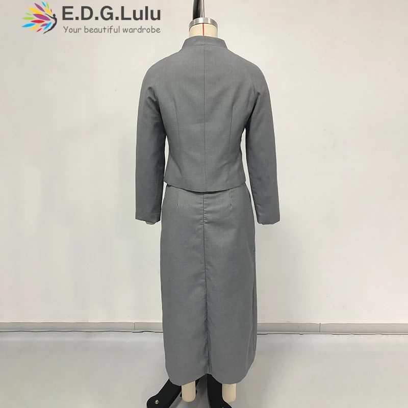 EDGLuLu Женский комплект из двух предметов с воротником-стойкой, однобортный короткий топ + длинная юбка с высокой талией, серый костюм, шикарный женский наряд 1026