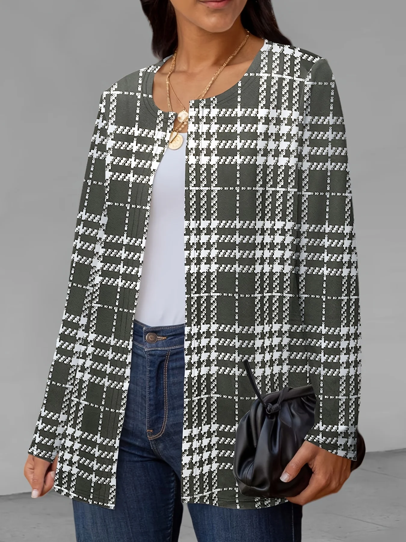 Women Fashion Plaid Printed Outerwear Casual Full Long Sleeve Jacket Coats Ladies Chic Outerwear Tops