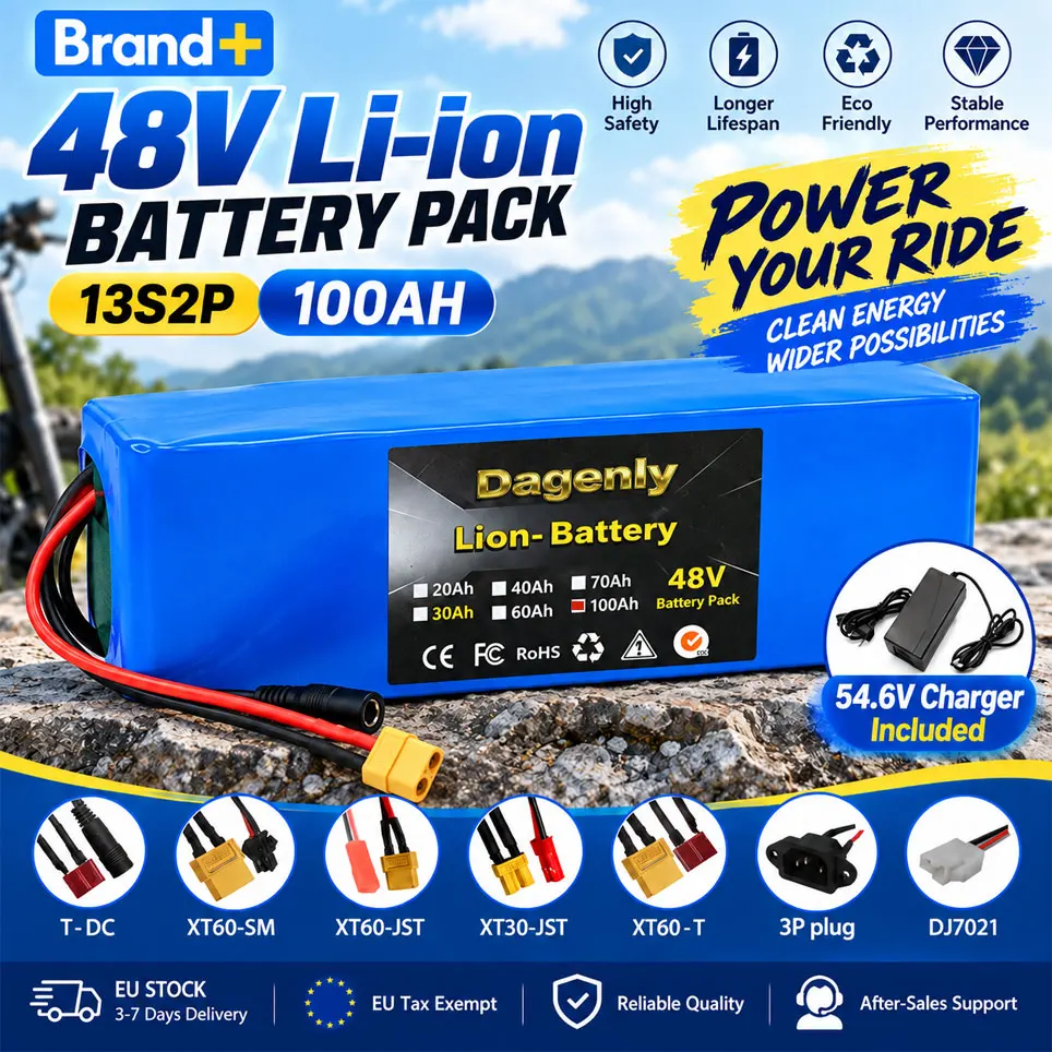 48V 100Ah 13S2P Lithium-Akkupack mit integriertem BMS für Elektrofahrräder, geeignet für Motoren mit einer Leistung von 250W bis 1000W, inklusive 54,6V-Ladegerät, Versand aus der EU.