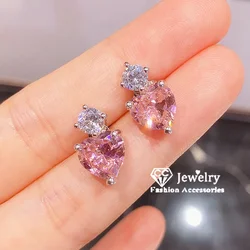 Pink Stud Earrings For Women Shine Cubic Zirconia Silver Plated Love Heart Earring Fine Jewelry Wedding Party Accessories CCE683