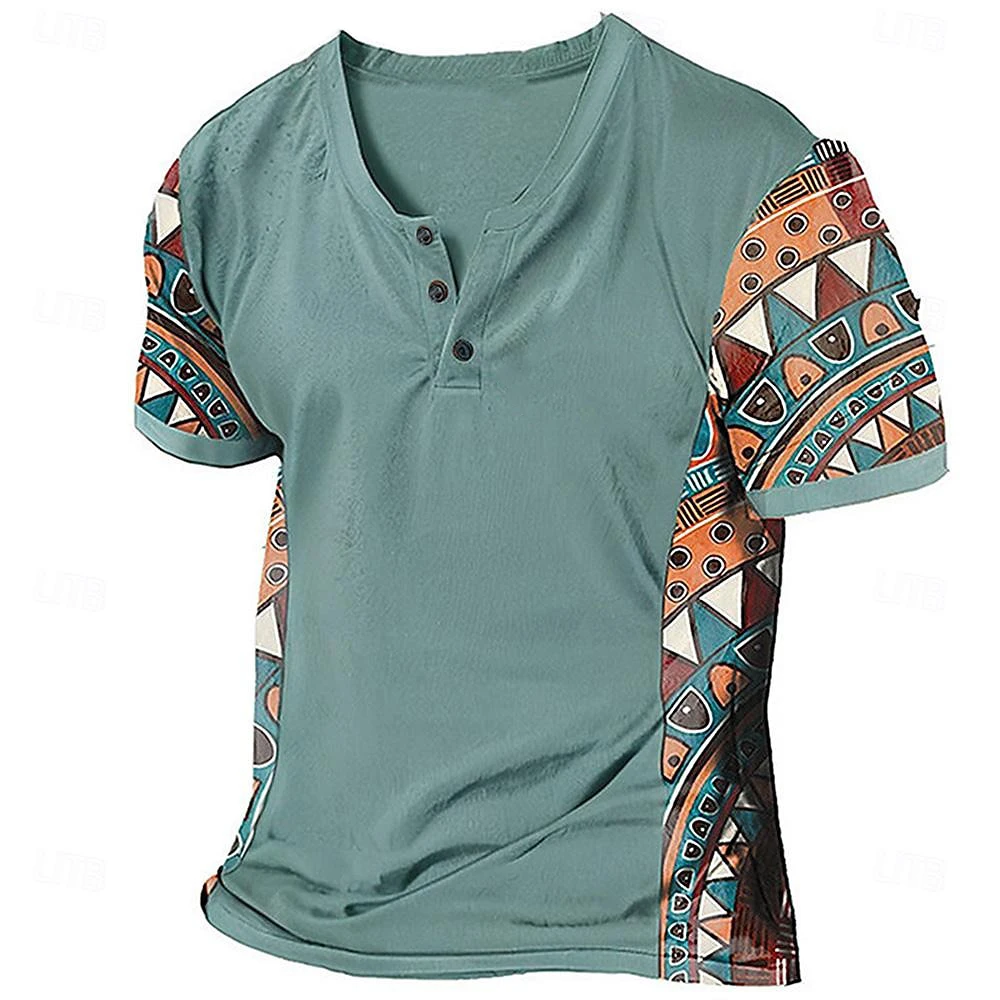 Ethnic Style Tribal 3D Printed Henley Shirts Men\'s Fashion Vintage Streetwear Button Short Sleeve T Shirt Tees Tops Man Clothing