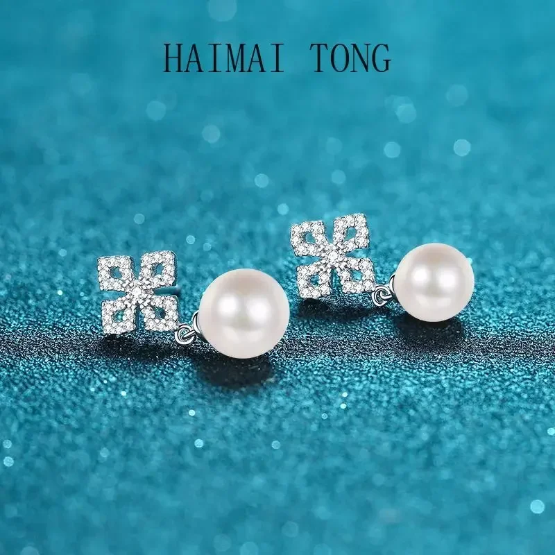 

HAIMAITONG Female earrings with moissanite PT950 platinum freshwater pearl earrings and earrings
