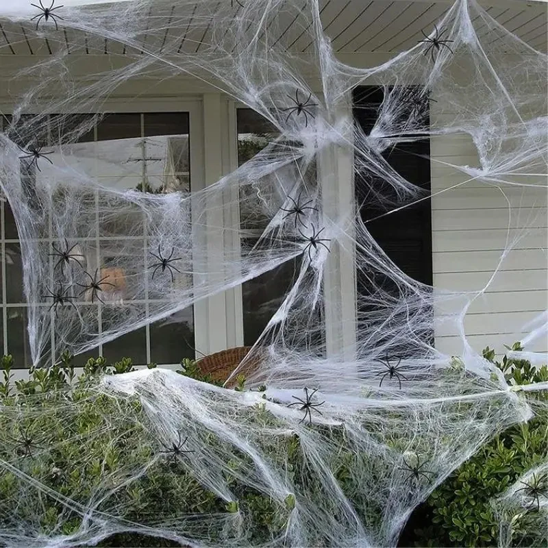 Halloween Artificial Spider Web Halloween Decoration White Stretchy Cobweb Horror Haunted House Decor Scary Party Scene Props