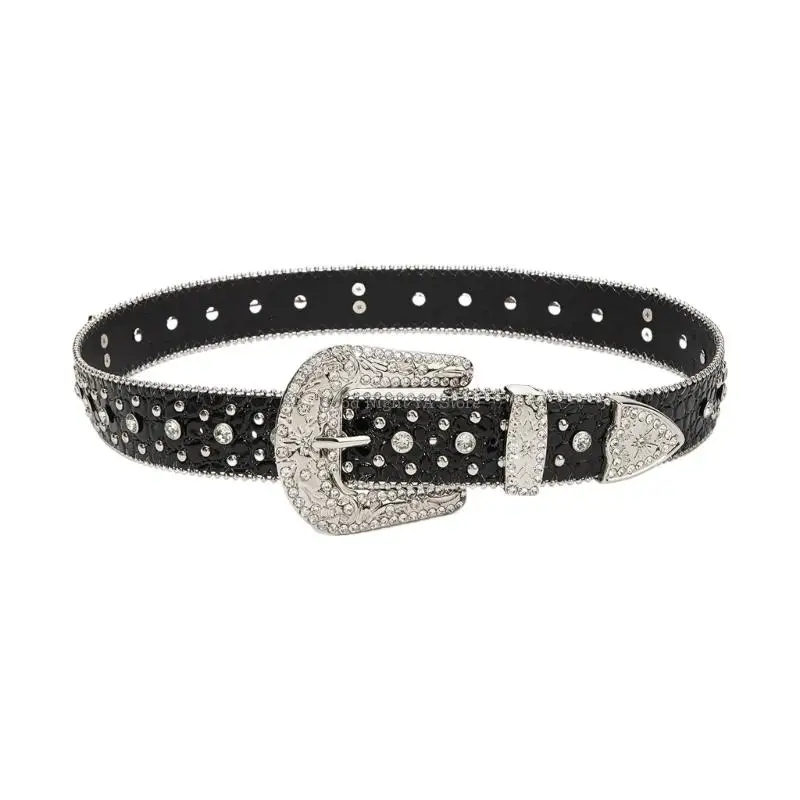  Thick PU Leather Rhinestones Embellished Belt For Country Music Festivals Parties Dating Nightclub Western Charm Outfits