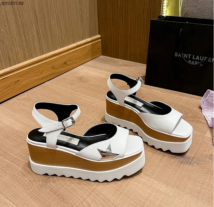 

White Slingback Square Toe Women High Heels Wedges Casual Shoes Leather 7CM Platform Star Street Pumps Lace-Up Cut-outs Sandals