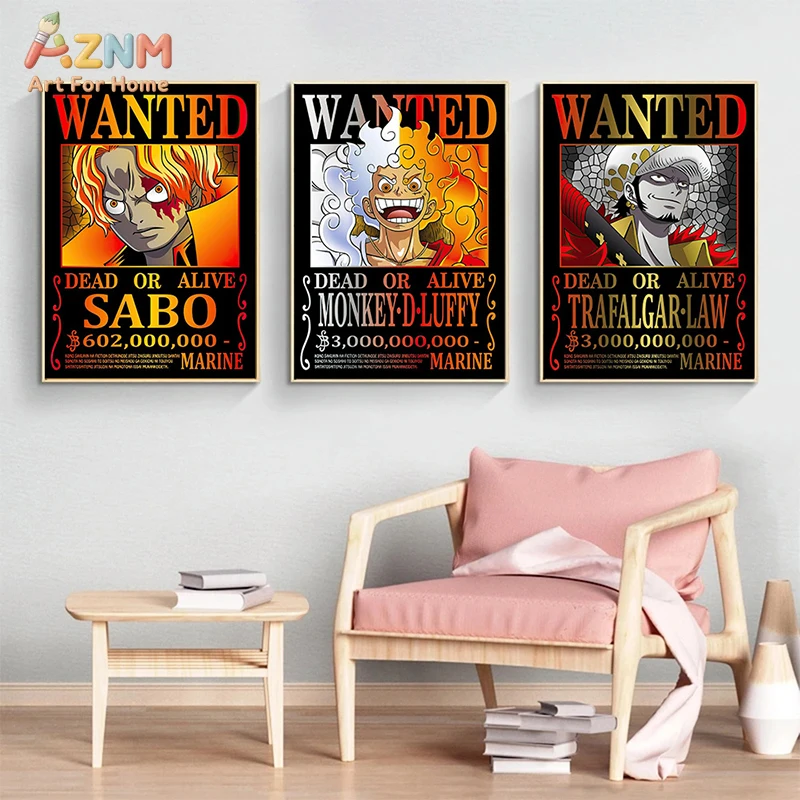 AZNM One Piece Luffy Ace Franky Nico Robin Dark Wanted Bounty Poster Anime Frameless Canvas Wall Art, Black Gold Retro Manga Hom
