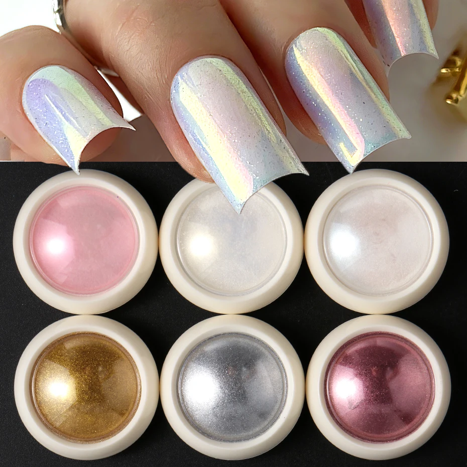 6 Gläser Aurora Chrom-Spiegel-Nagelpuder Schillerndes Perlmutt-Metallpigment Gold Silber Rosa Weiß Nagelglitter-Dekoration – Detail 9