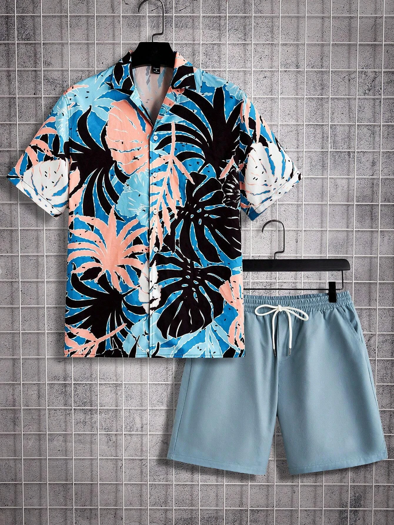 Men\'s and Women\'s Summer Short Sleeve Shirt Set Tropical Plant Flower Print Fashion Lapel Button Top Shorts