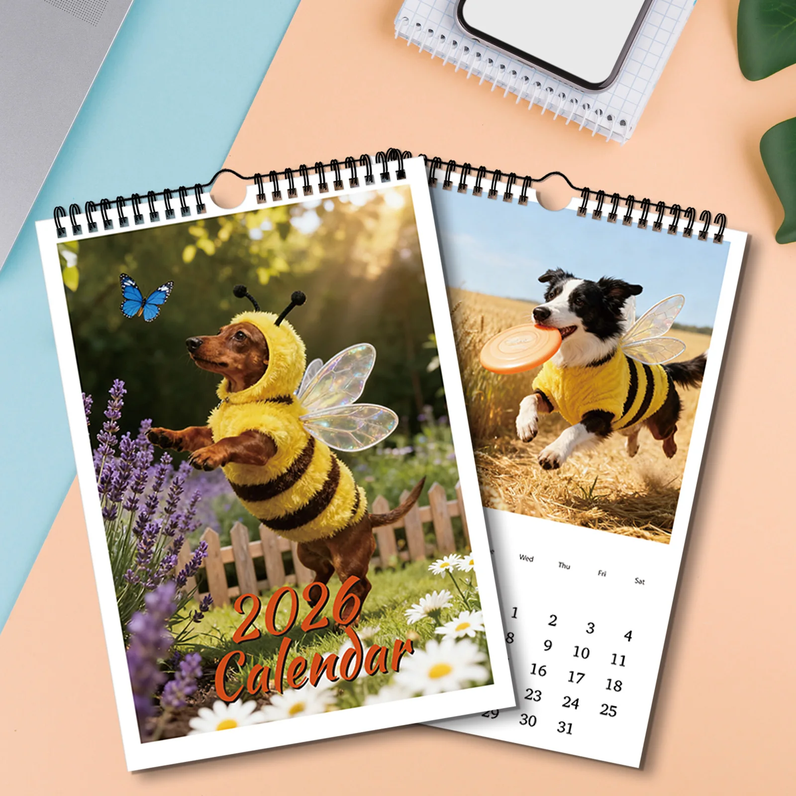ปฏิทินสุนัขน่ารักธีมผึ้ง 1 ชิ้น ปี 2026 เหมาะสำหรับตกแต่งบ้านของคนรักสัตว์เลี้ยง ทำเป็นของขวัญธีมสัตว์เลี้ยงที่นุ่มนวลและน่ารัก