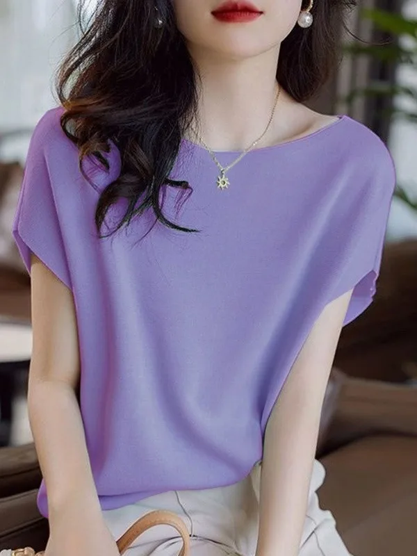 تي شيرت نسائي صيفي محبوك من الحرير الجليدي من Ele f Sve تي شيرت فضفاض من Batwing Sve تي شيرت نسيم بكتف واحد متين