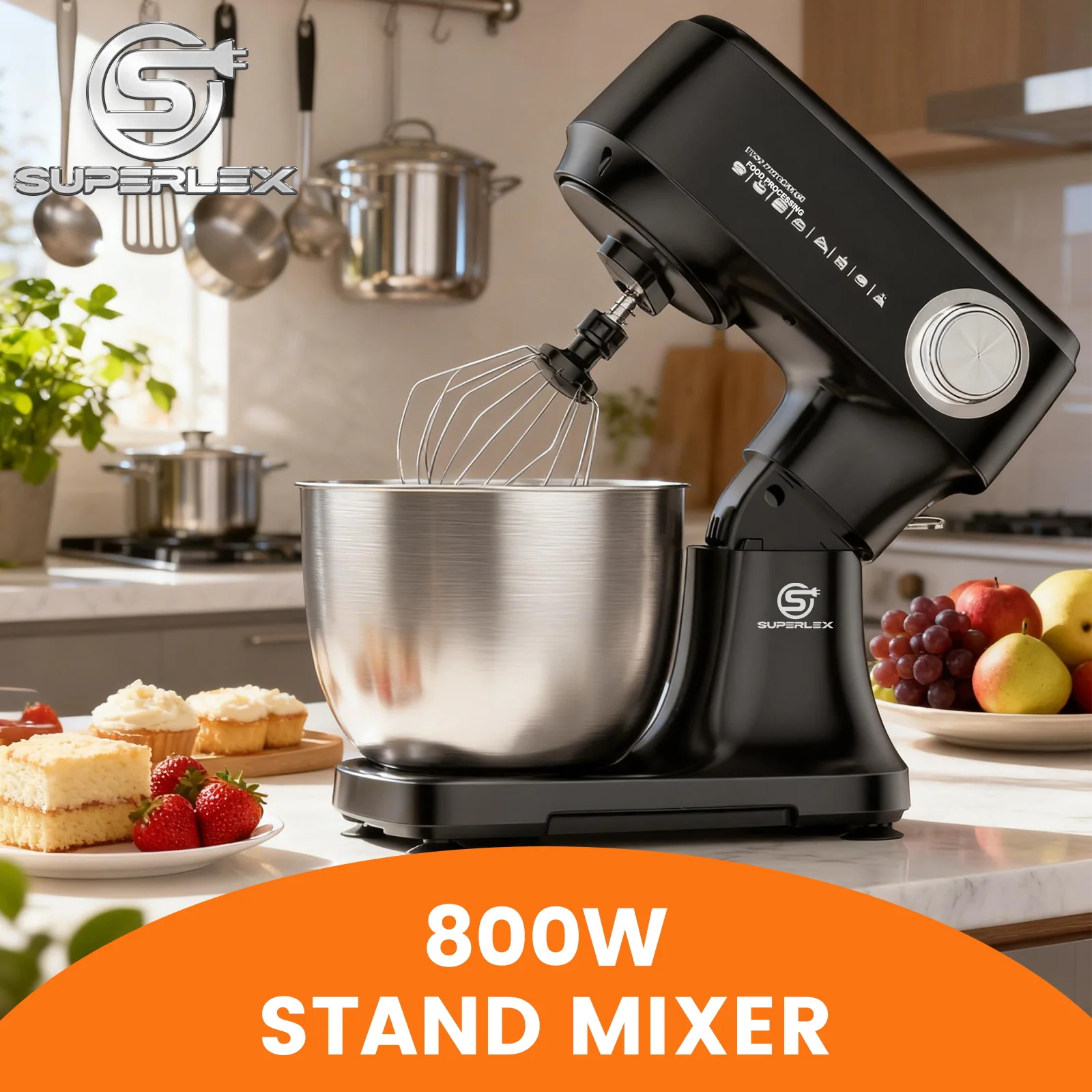 SUPERLEX 4,5 l Lebensmittel-Standmixer, 800 W, Peitsche, Teigkneter, multifunktionaler, leistungsstarker Küchenmixer mit Motorsteuerung und Stahlschüssel
