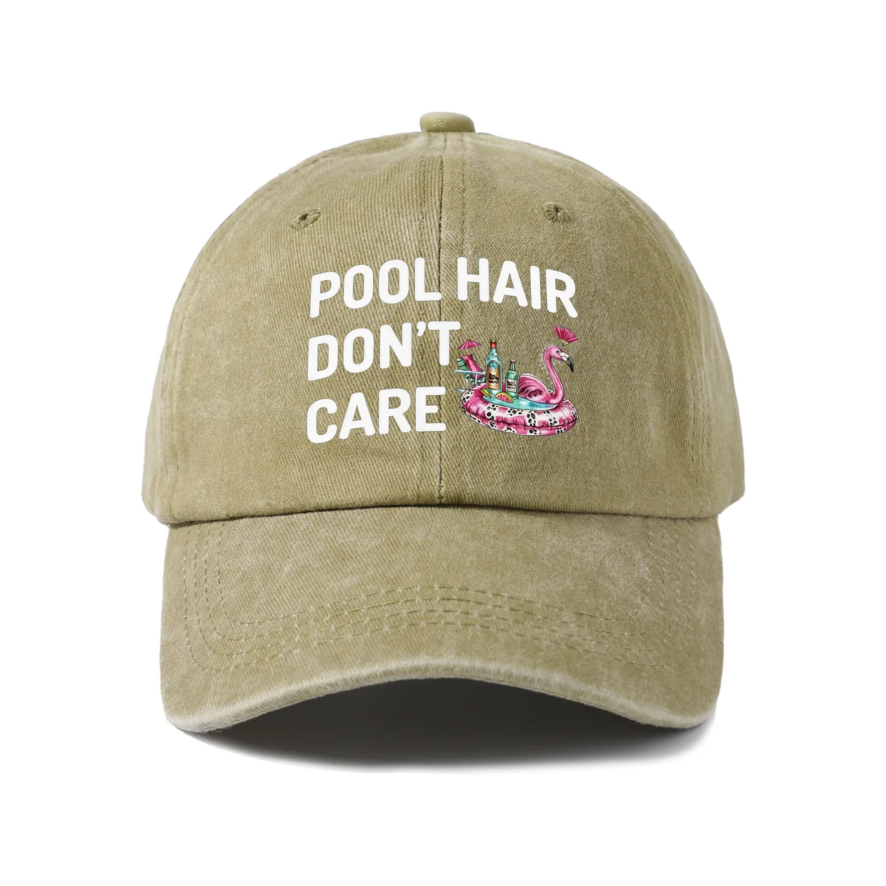 Pool Hair Dont Care Flamingo Float Graphic Vintage Washed Baseball Cap, Adjustable Unisex Dad Hat, Casual Gift