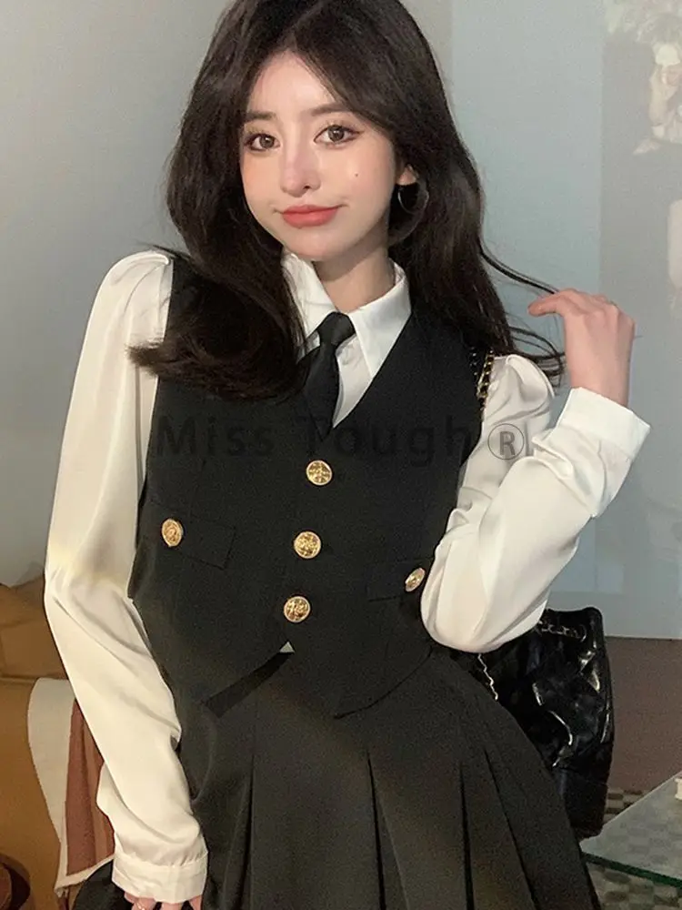 School Style Vest Shirt Three Piece Set Female Autumn Sexy Button Design Street Uniform Set Women Y2k Korea Fashion Simple Suit