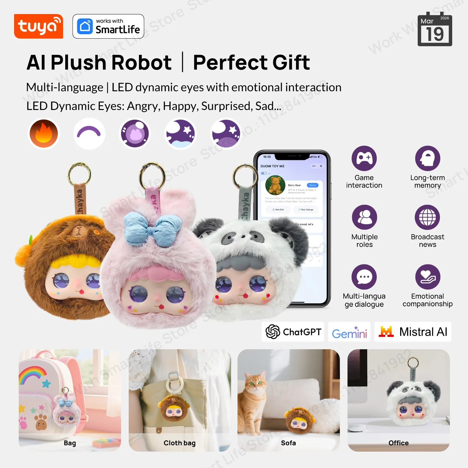 Tuya Smart AI Plush Robot w/LED Eyes &amp; Voice Control,Interactive Smart Toy USB Rechargeable Companion for Kids Gifts/Smart Home