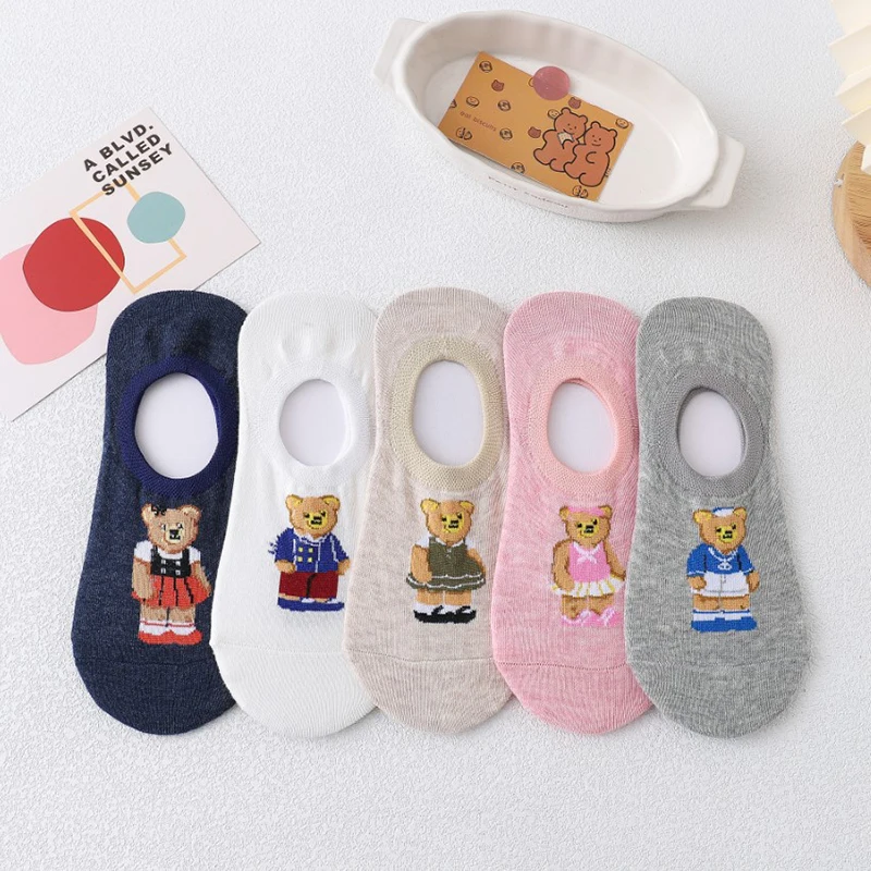 1 Pair Cartoon Cute Bear Short Summer Women Socks Slippers Comfortable Harajuku Breathable Invisible Silica Gel Ankle Sock Woman