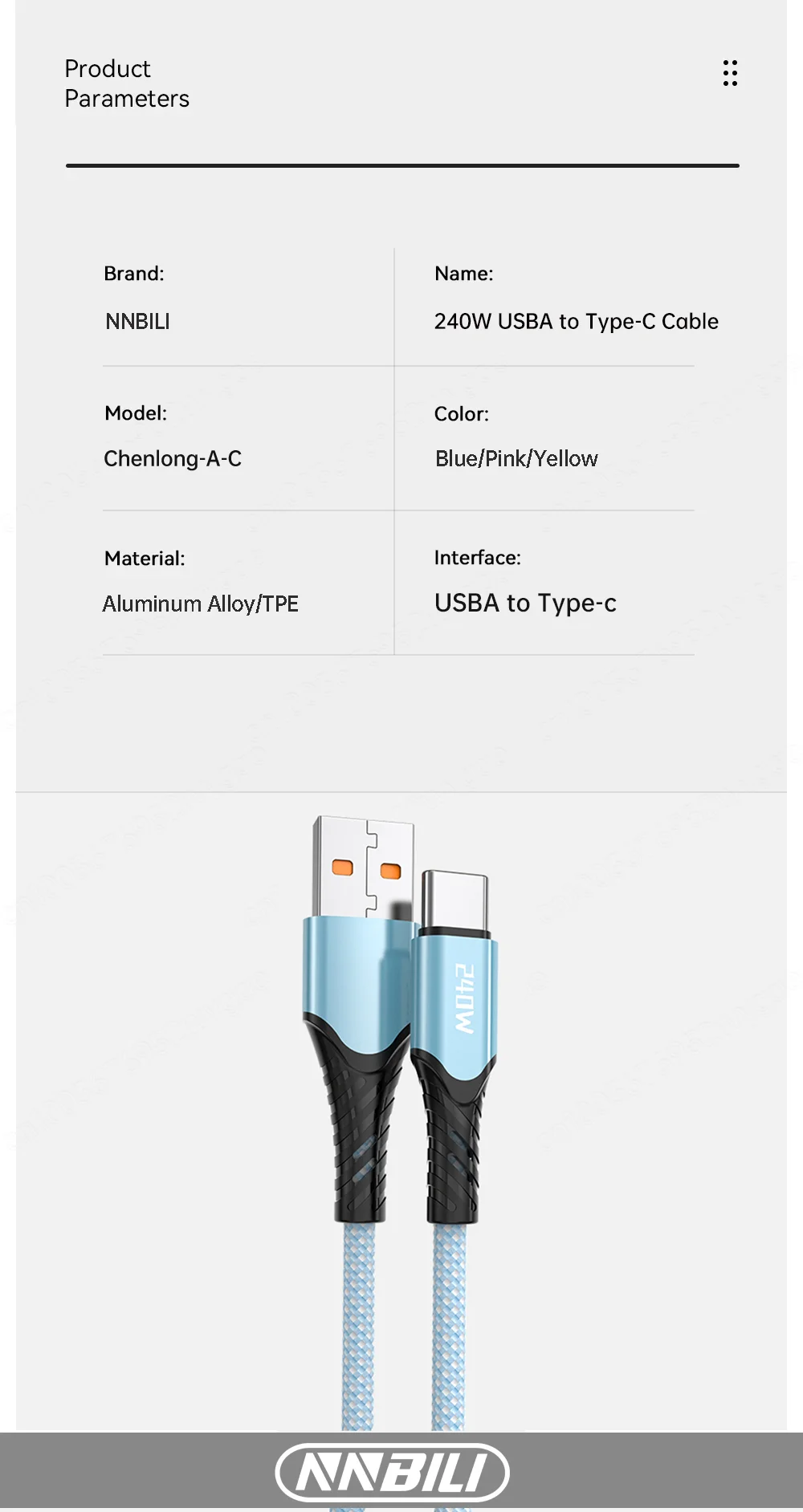 NNBILI Nylon Braided Type C Charger Cables 240W Fast Charging High-speed Data Transfer Data Wire for Android Samsung Xiaomi 