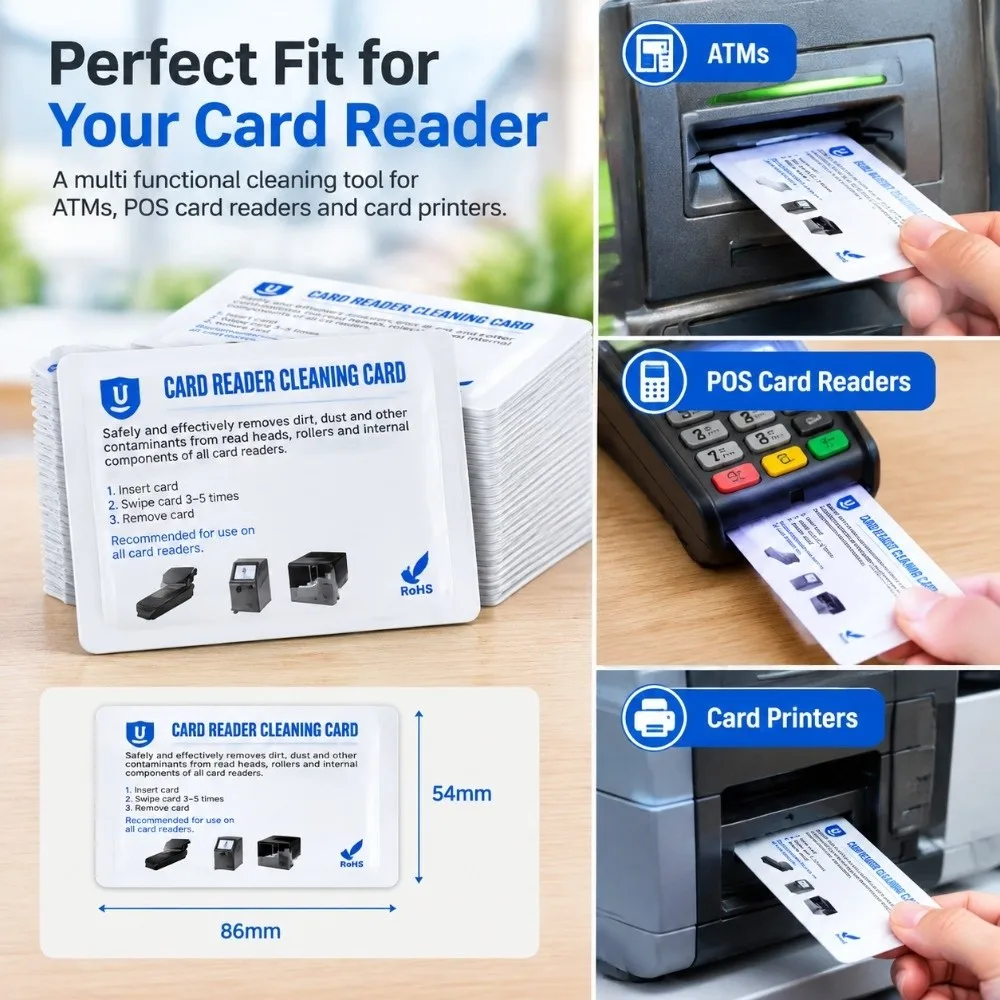 50PCS PVC and Needle-Punched Fabric Credit Card Cleaner Pre-Moistened Double-Sided POS Swipe Terminal Cleaning Cards White