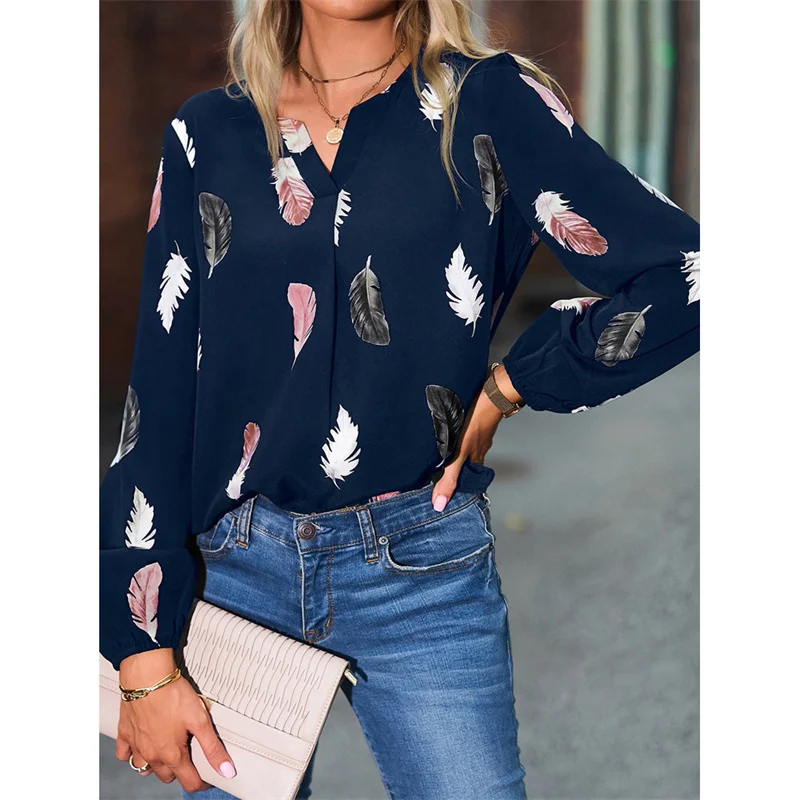 Loose Long Sve Women's T-irt Blouse Street Sle round Ne Polyester Fabric Printed Patchwork Lantern Sve Blouse