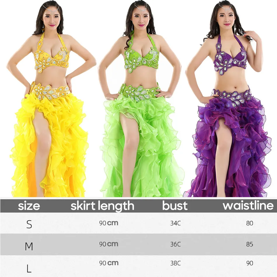 Belly Dance Costume 3 Pieces Set Handmade Bra Belt & Skirt  3 Color Options Practice Clothes For Adult Women Stage Performance