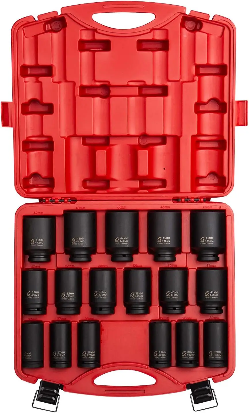 ex 4686, 3/4 Inch Drive Deep Impact Socket Set, 17-Piece, Metric, 26Mm-44Mm, Cr-Mo Alloy Steel, Radius Corner Design, Heavy