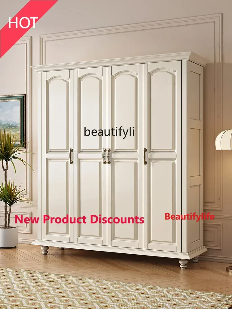 A9344 American Cream Style White Solid Wood Wardrobe Home Bedroom Wardrobe Three Door Princess Four-Door Wardrobe