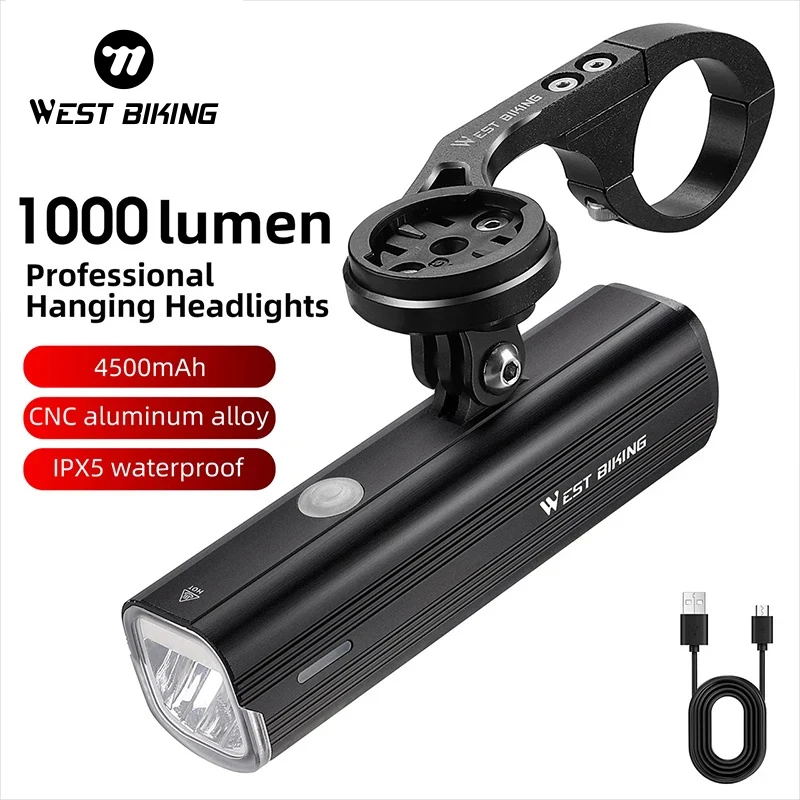 WEST BIKING Bike Light 1000LM Type-C Charging MTB Road Cycling Highlight IPX6 Rainproof Front Light LED Flashlight Bicycle Lamp