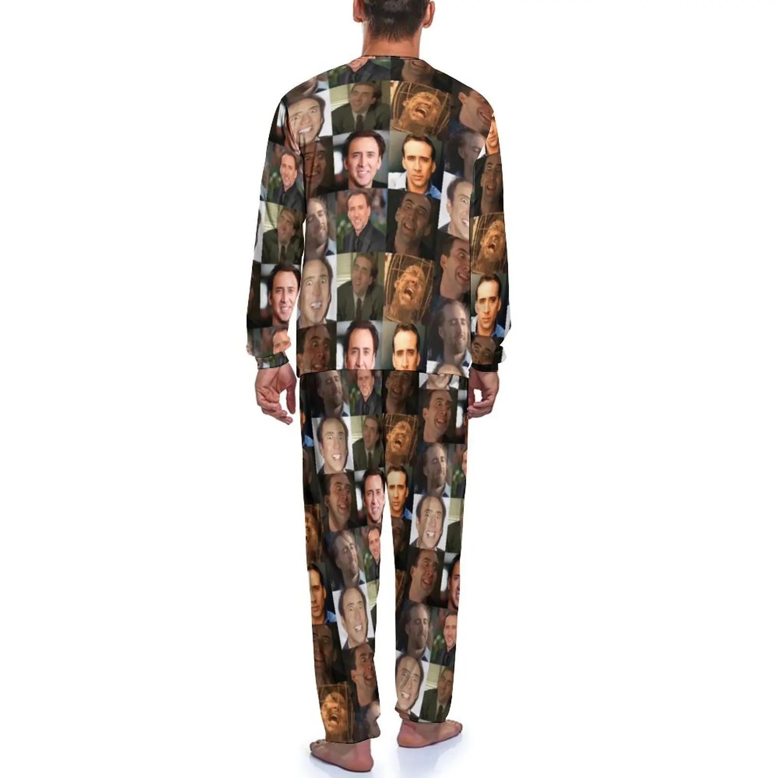 Pijama de manga larga con estampado estético para hombre, ropa de dormir con diseño divertido de Nicolas Cage para otoño, 2 piezas