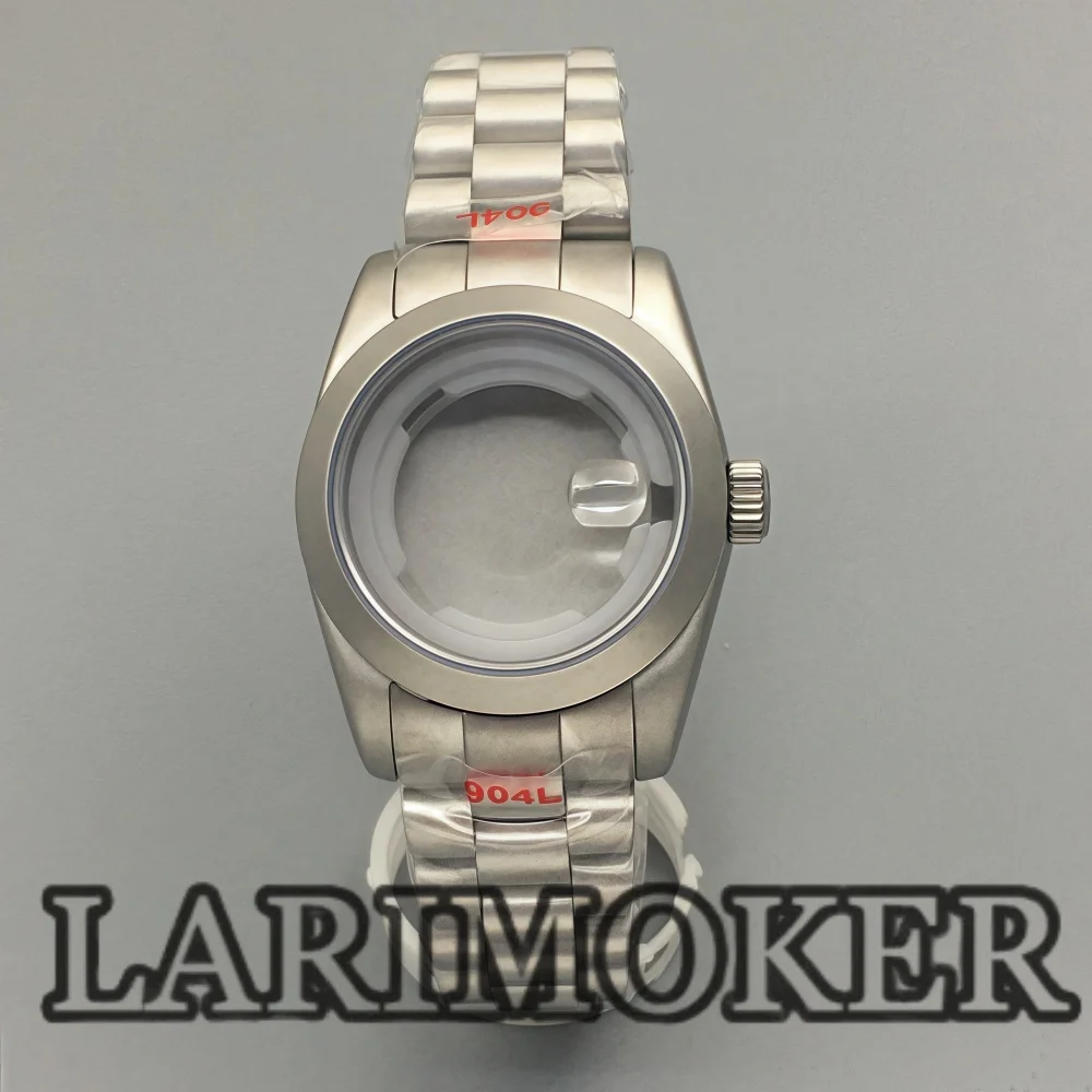 LARIMOKER 31 مللي متر علبة فضية غير لامعة من الفولاذ المقاوم للصدأ مع حزام مستدير مصقول مزمر زجاج الياقوت لحركة NH05 NH06