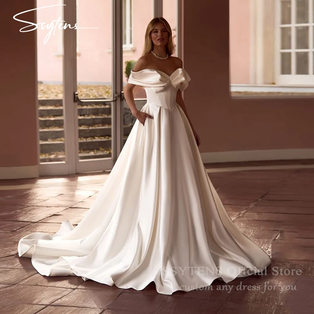 

SSYTENS Elegant Ivory Satin Wedding Dresses For Woman Modern Off the Shoulder Bridal Gowns Long Boho Robe De Mariée Customized