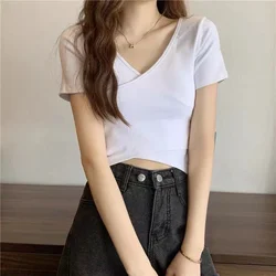 2024 New Summer V-neck Top Women Korean Solid All-match Causal Woman T-shirts Y2K Streetwear Trendy T-shirt Female