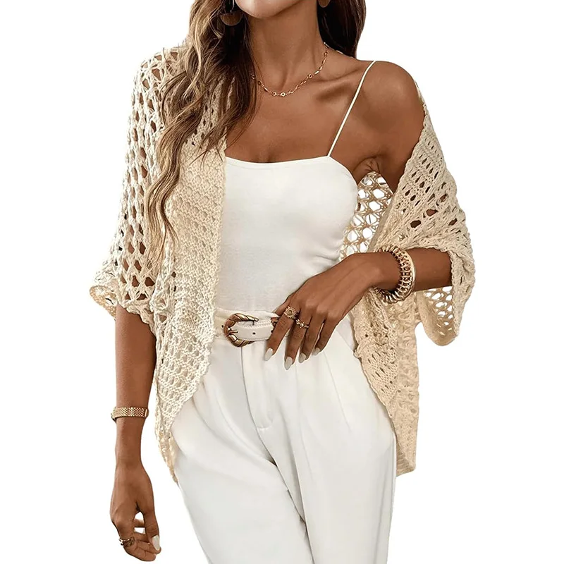 ผู้หญิงถักเสื้อกันหนาวผ้าคลุมไหล่ Hollowed OUT เสื้อกันหนาวหลวมสีทึบครึ่งแขนสั้น