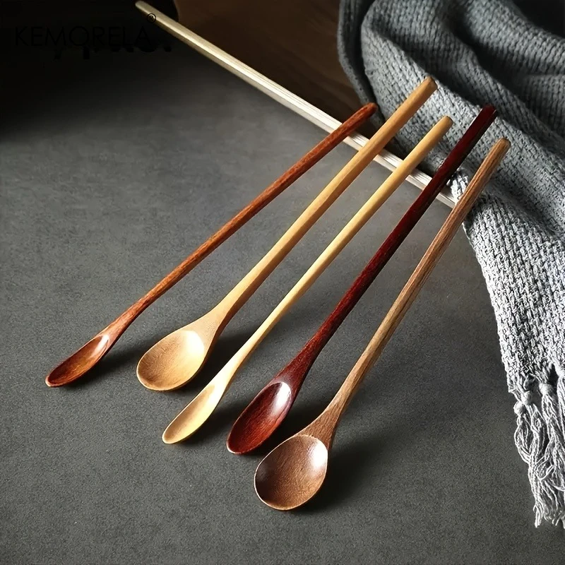 5PCS Natural Wooden Dessert Spoons 7.8 Inch Long Handle Eco-Friendly Dishwasher Safe for Coffee Ice Cream Tableware