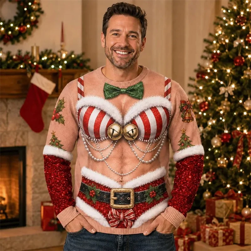 Lustiger Muskel-Weihnachtsmann-Sweatshirt für Herren, 3D-Druck, Herbst-Winter-Ugly-Sweater, Festtagskostüm, Pullover-Oberteile für Herren – Detail 9