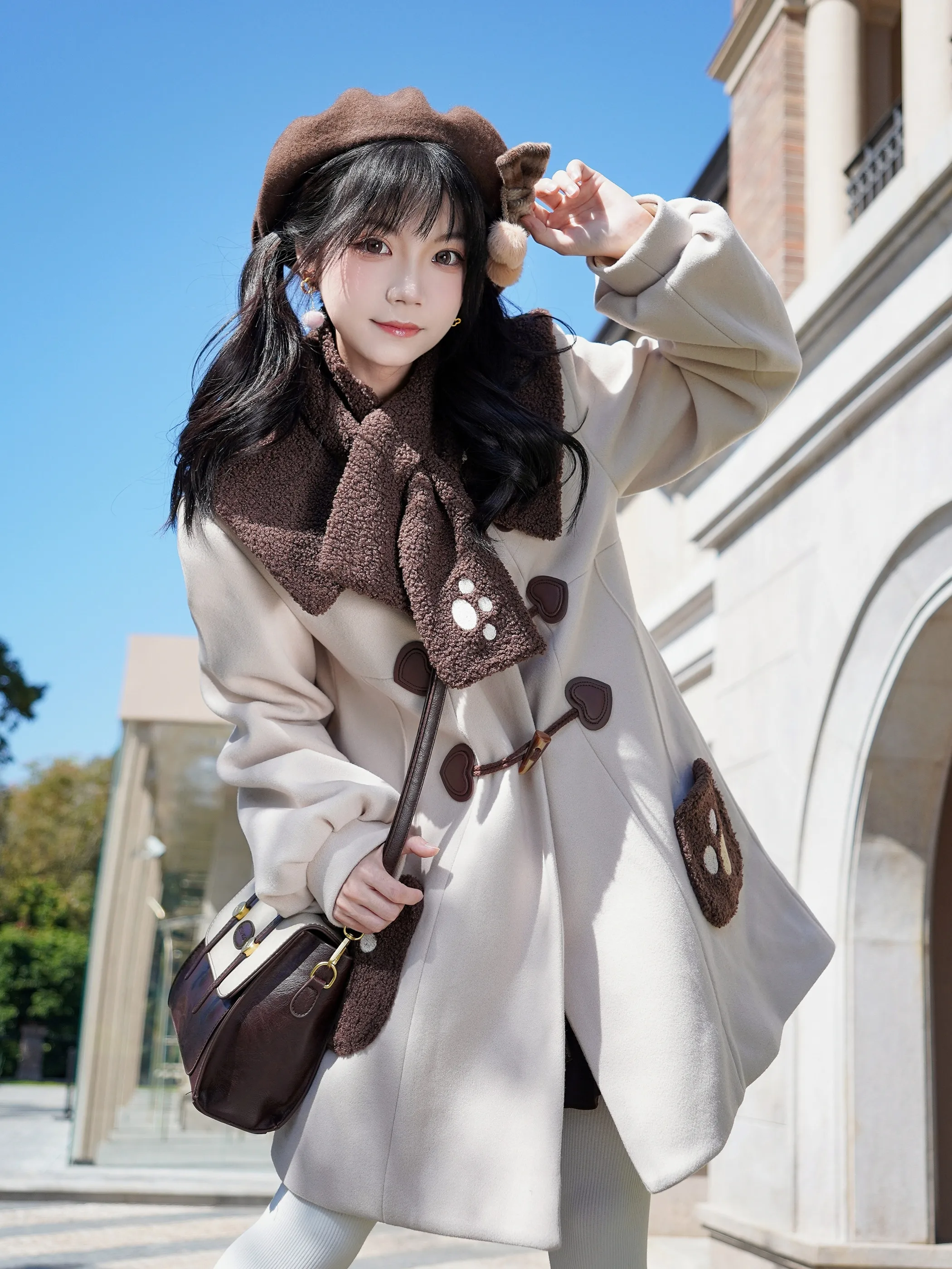 2025 Autumn Winter New Off-White Horn Button Coat Japanese Cute College Style Woolen Jacket Brown Cake Short Skirt
