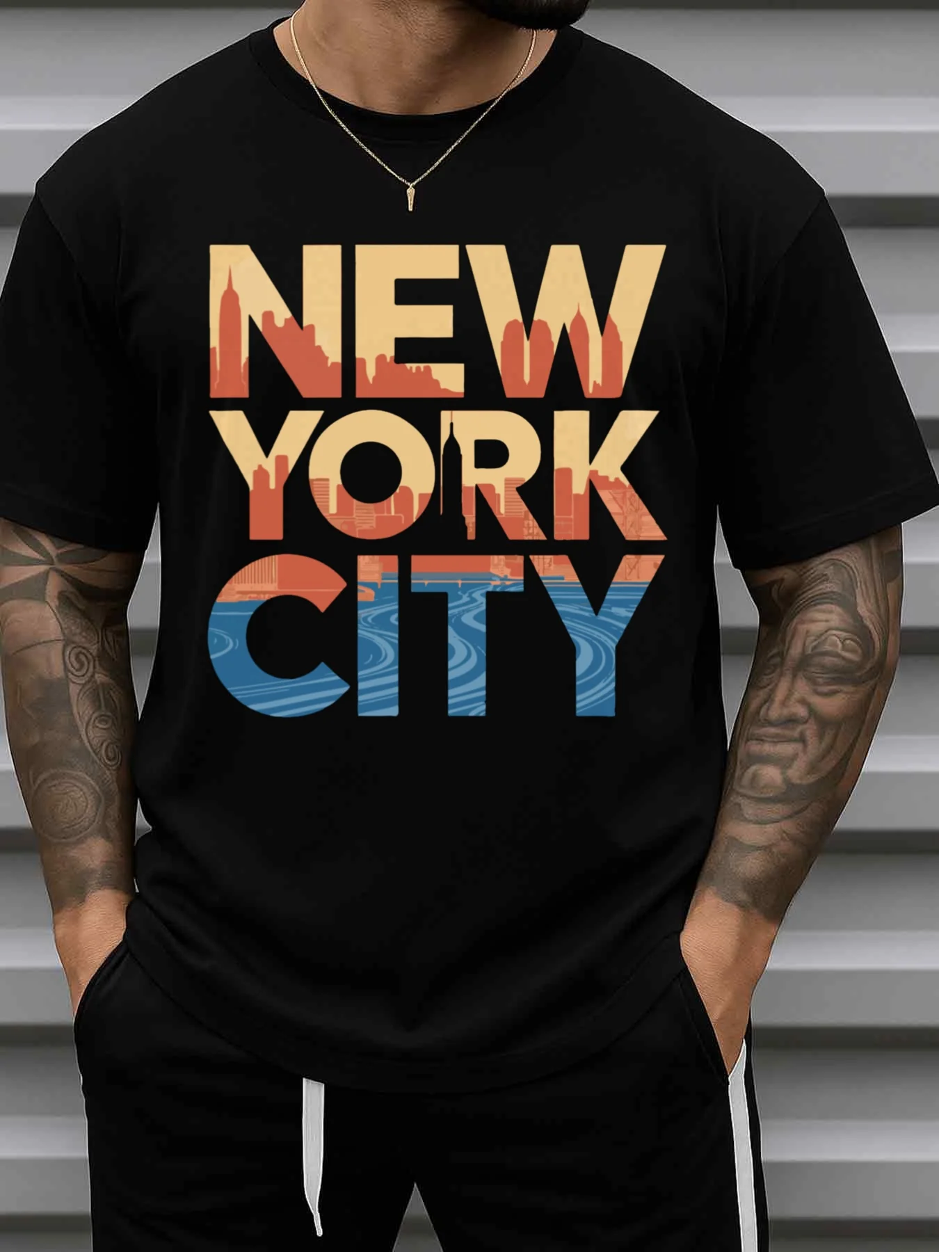 Men's New York Skyline Graphic T-Shirt - 180g Heavyweight Black T-Shirt, Featuring New York City Skyline and Lettering Design, All-Season Casual and Sportswear, Durable Crew Neck Short-Sleeve Shirt, Suitable for Gym, Weekend Wear, New York-Themed Gift Clothing