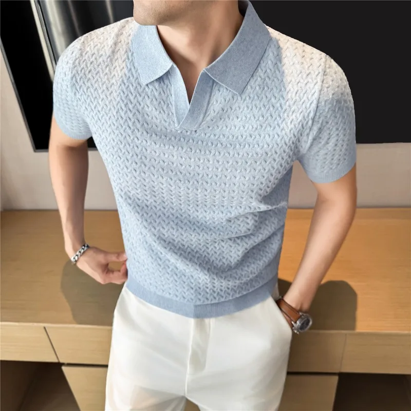 Loose Fit Short Sleeve Knitted Linen Polo Shirt in Light Blue with Oystercatcher Collar Men High Quality Fashion Summer T-Shirt