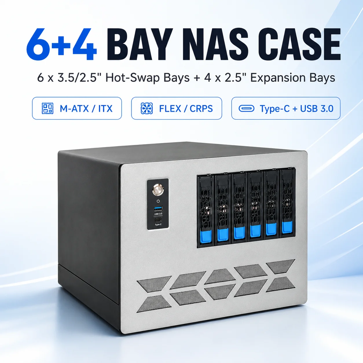 6+4 Bay NAS Case MATX ITX Server Chassis Hot Swap 3.5/2.5 HDD SATA SAS Backplane FLEX CRPS PSU Home Server Storage Enclosure