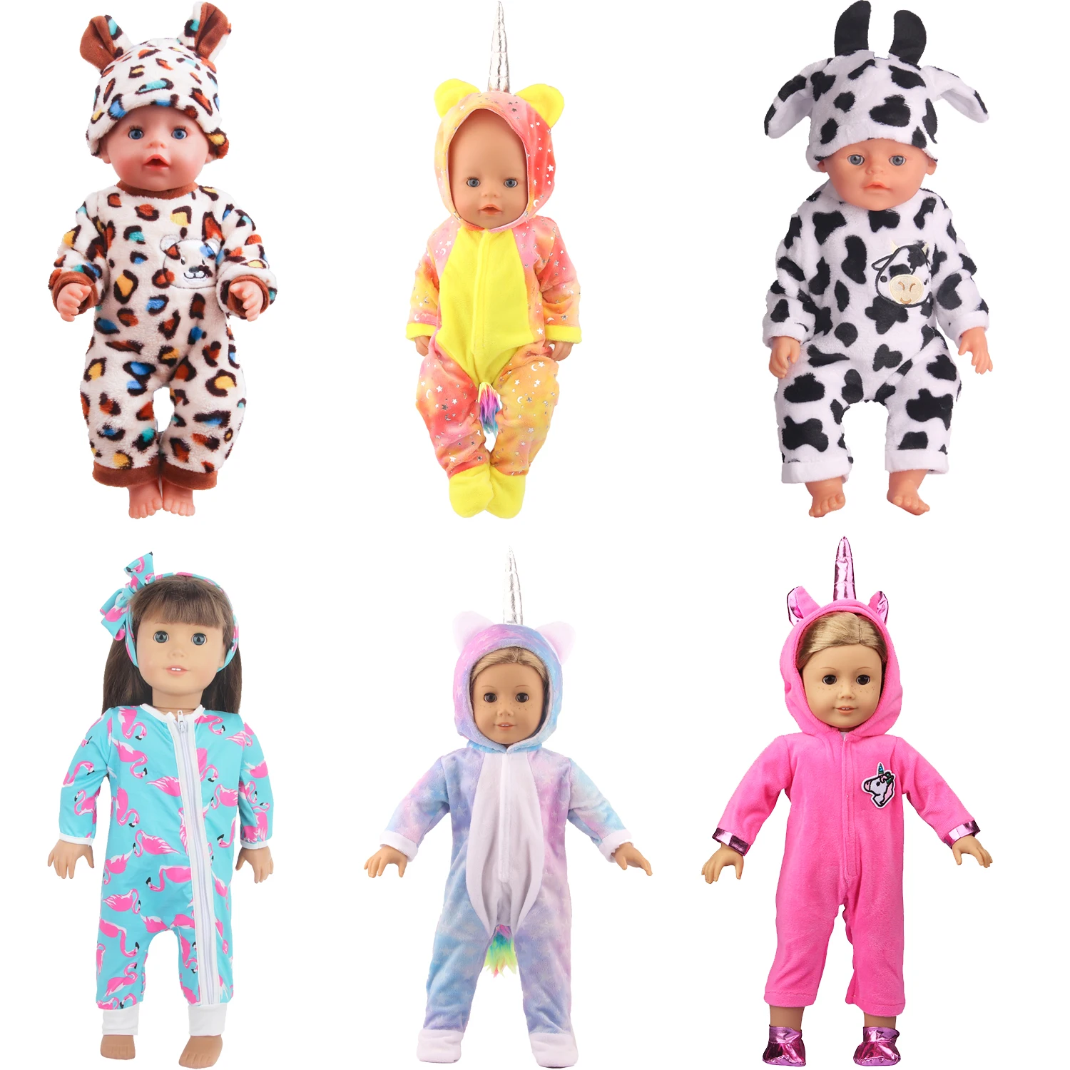 

Cute Cartoon Jumpsuits For 43cm Baby Newborn Doll Unicorns, Cows, Flamingos Clothes Outfit For 18-inch American & OG Girl Dolls