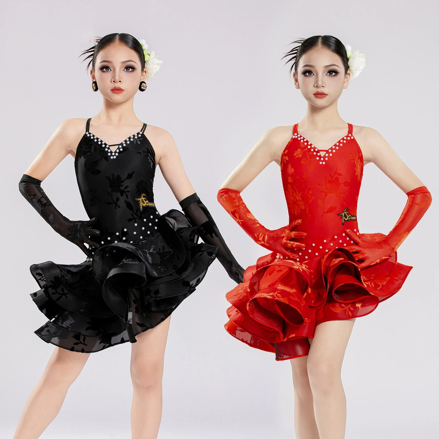 Girls Latin Dance Competition Dress 2026 New Chacha Rumba Dance Costume Kids Latin Performance Fishbone Dress Black Red BL20296