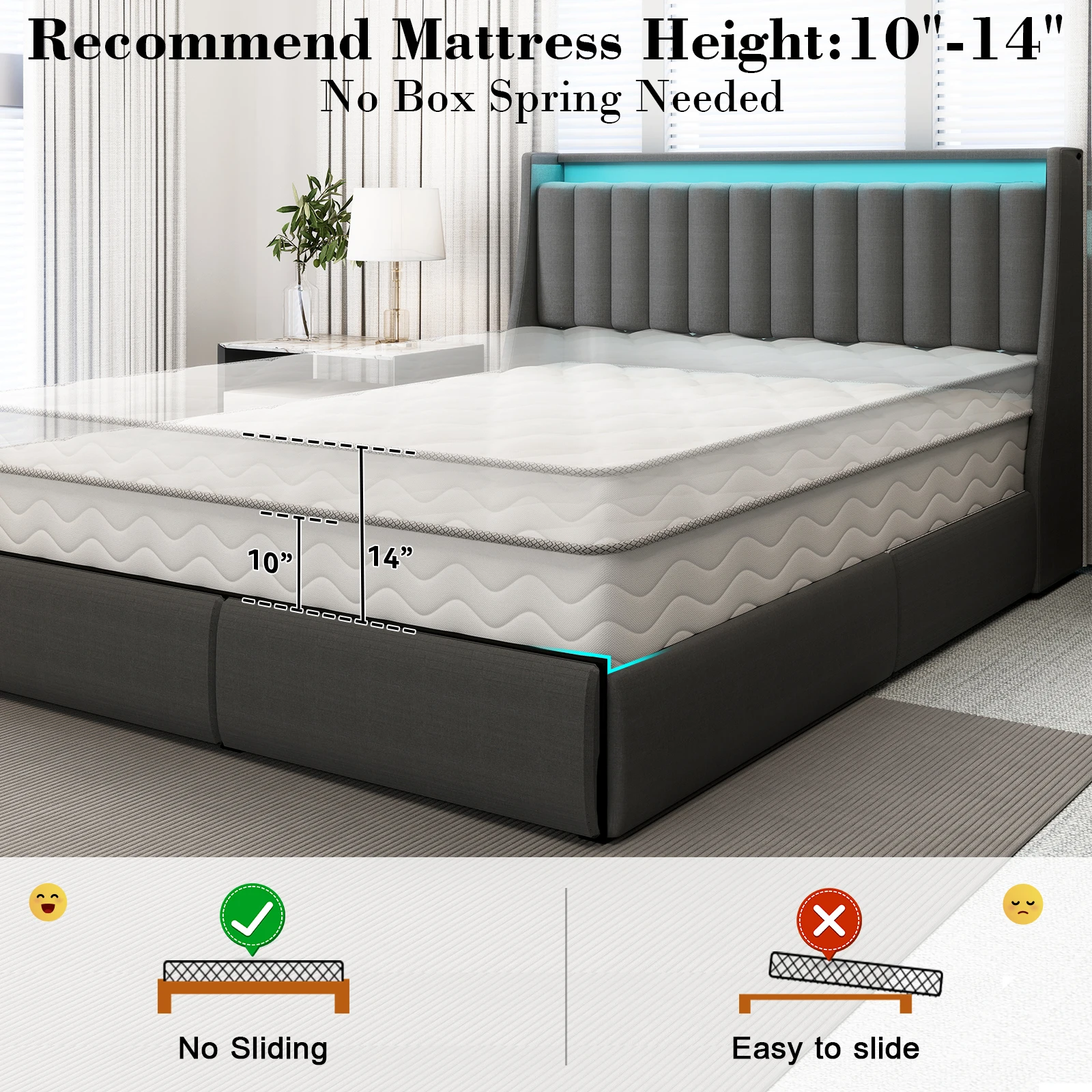 إطار سرير كوين GREUSUAL مع درجين للتخزين، إطار سرير بمنصة مقاس كوين مع ضوء LED، لوح رأسي منجد