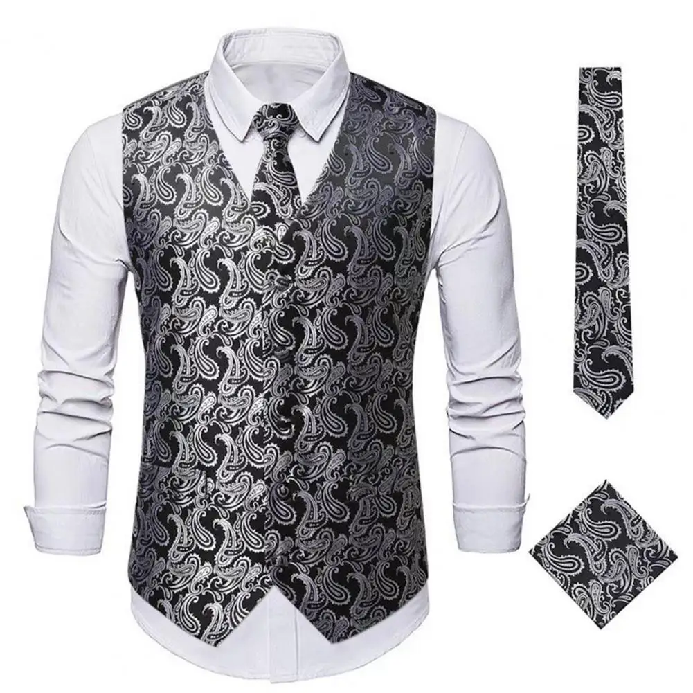 Retro Stain Bowtie Pocket Square Printed Men Waistcoat Slim Fit Business Wedding Party Sleeveless Vest Suit Blazer Waistcoat Set