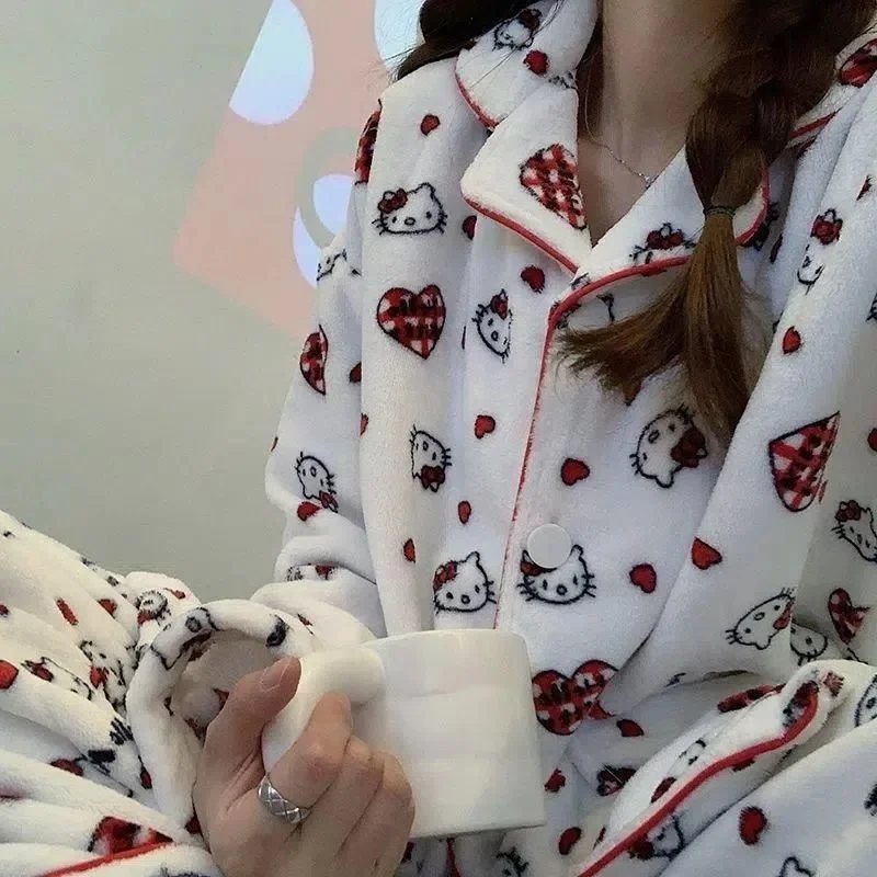 Sanrio Hello Kitty Autumn Winter Pajamas Woman Button Thickened Sleepwear Set Korean Fashion Print Pijama Set For Women 2 Pieces