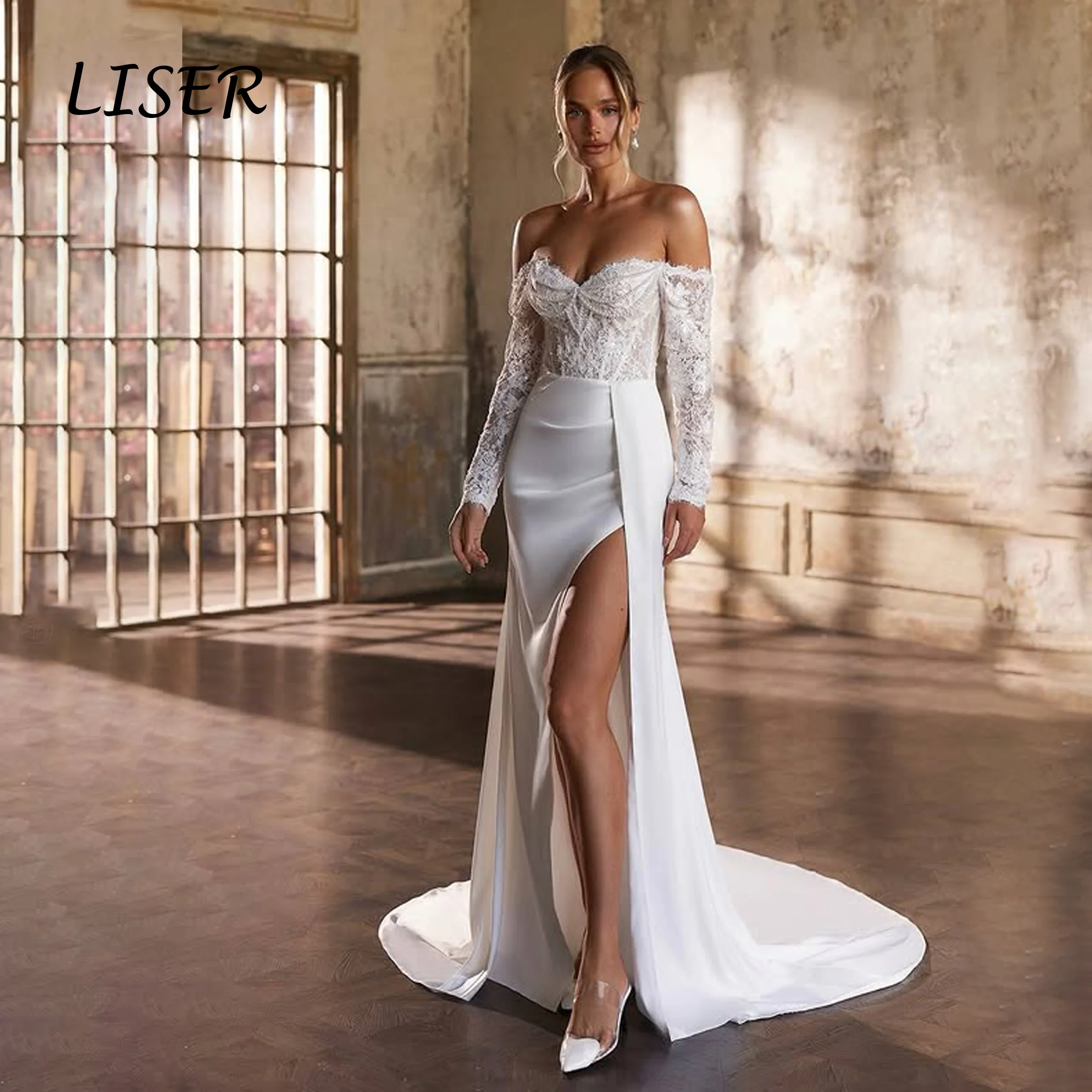 Liser Elegante Spitzen-Brautkleider mit Herzausschnitt, schulterfrei, Perlen am Rücken, Korsett, Meerjungfrau-Stil, Brautkleider, Vestido De Novia, individuell anpassbar