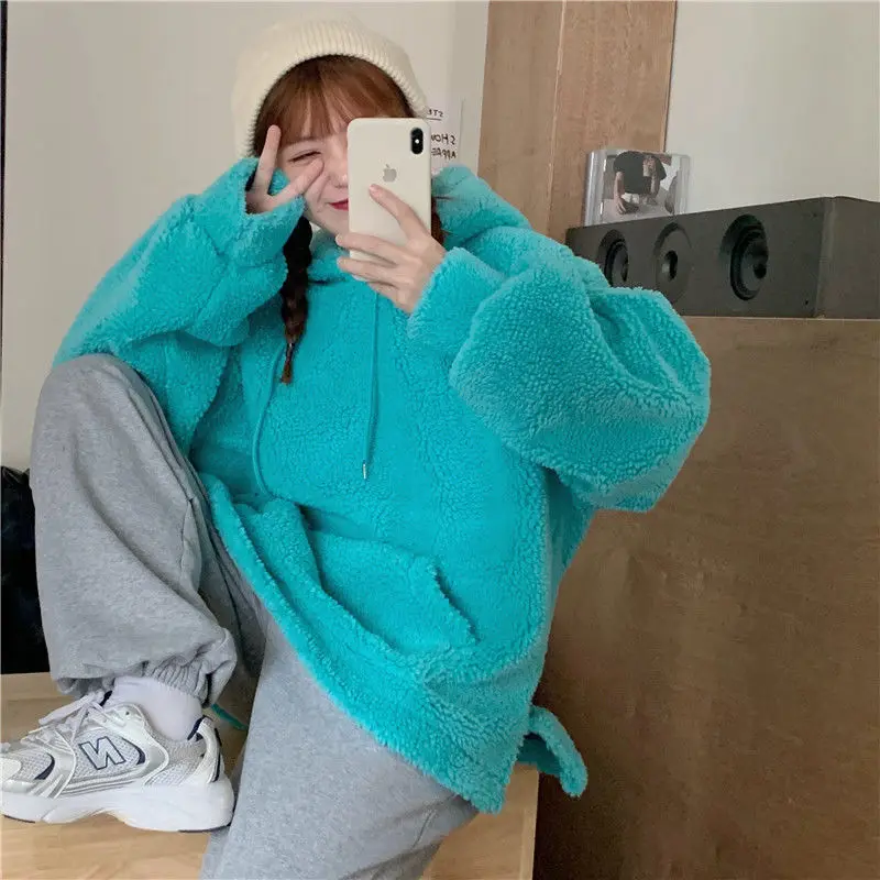 Autumn Hoodies Women Cozy Solid Simple Pockets Students Harajuku Stylish Holiday Warm Trendy Clothes Korean Style Daily Basic